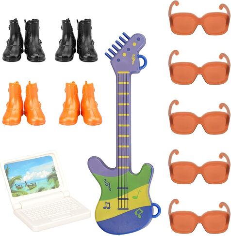 ميونانا مجموعة من 16 قطعة من ملابس الدمى للاولاد تتضمن 5 قطع عشوائية من السراويل العلوية + 4 احذية دمى للاولاد + 1 جيتار + 1 كمبيوتر ابيض + 5 نظارات بنية للدمى مقاس 12 انش in Kuwait