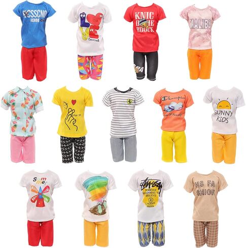 ميونانا مجموعة من 16 قطعة من ملابس الدمى للاولاد تتضمن 5 قطع عشوائية من السراويل العلوية + 4 احذية دمى للاولاد + 1 جيتار + 1 كمبيوتر ابيض + 5 نظارات بنية للدمى مقاس 12 انش in Kuwait