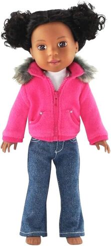 Emily Rose 14 Inch Doll Clothes Clothing Accessory | 3 PC Faux Fur Collar 14" Doll Coat Jacket Outfit with White T-Shirt Tee and Blue Jeans | Compatible with 14.5" Hard-Bodied Wellie Wishers Dolls in Saudi Arabia