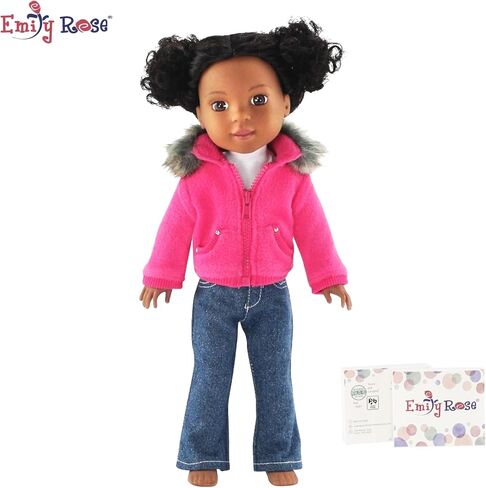 Emily Rose 14 Inch Doll Clothes Clothing Accessory | 3 PC Faux Fur Collar 14" Doll Coat Jacket Outfit with White T-Shirt Tee and Blue Jeans | Compatible with 14.5" Hard-Bodied Wellie Wishers Dolls in Saudi Arabia