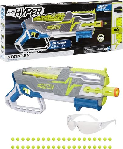 مسدس NERF Hyper Siege-50 Pump-Action، 40 طلقة مفرطة، نظارة، سرعة تصل إلى 110 إطارًا في الثانية، سهولة إعادة التحميل، تحمل ما يصل إلى 50 طلقة in Kuwait