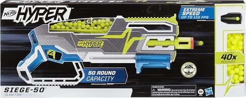 مسدس NERF Hyper Siege-50 Pump-Action، 40 طلقة مفرطة، نظارة، سرعة تصل إلى 110 إطارًا في الثانية، سهولة إعادة التحميل، تحمل ما يصل إلى 50 طلقة in Kuwait