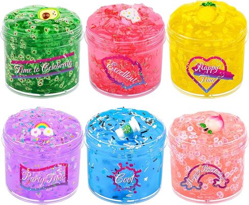 Clear Slime Kit 6 Pack, Premade Crunchy Slime Set DIY Birthday Slime Party Favors for Girls Boys 10-12, Non Sticky Jelly Cube Slime Cute Charms, Peach Cake Avocado Pineapple Crystal Clear Slime Kit in Kuwait