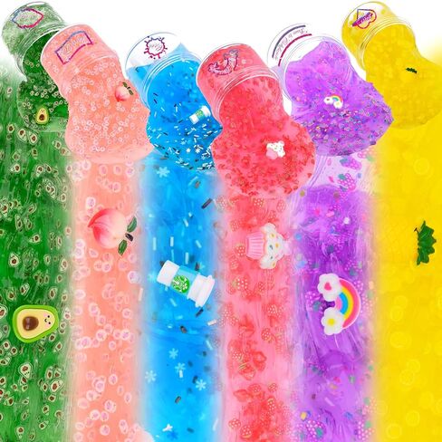 Clear Slime Kit 6 Pack, Premade Crunchy Slime Set DIY Birthday Slime Party Favors for Girls Boys 10-12, Non Sticky Jelly Cube Slime Cute Charms, Peach Cake Avocado Pineapple Crystal Clear Slime Kit in Kuwait