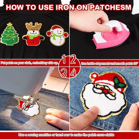 28 Pcs Christmas Iron on Patches Embroidered Sew Applique Repair Patch Glitters Chenille Patches Snowflakes, Santa Claus, Elk, Socks, Snowman for Christmas Clothing Hat Repair Decor DIY in Saudi Arabia