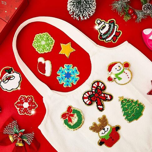 28 Pcs Christmas Iron on Patches Embroidered Sew Applique Repair Patch Glitters Chenille Patches Snowflakes, Santa Claus, Elk, Socks, Snowman for Christmas Clothing Hat Repair Decor DIY in Saudi Arabia