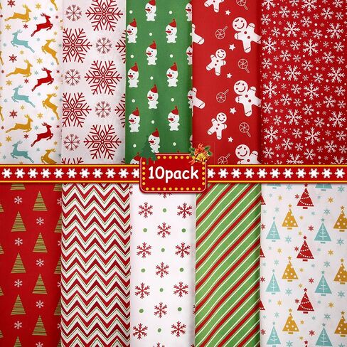 10 Pieces 50 x 50 cm/ 19.68 x 19.68 Inch Christmas Fabric Squares Quilting Fabric Patchwork Precut Fabric Christmas Snowflake Print Red Green Fabric for DIY Quilting Xmas Sewing Crafting in Saudi Arabia