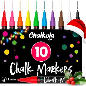 Extra Fine Tip Chalk Markers (1mm, 10 Pack) - Wet Erase Markers Fine Point for Blackboard, Windows, Bistro, Neon Chalkboard Markers Pens - Thin Liquid Chalk Markers Erasable
