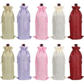 Shintop 10pcs Jute Wine Bags, 14.4 x 5.6 inches Hessian Wine Bottle Gift Bags with Drawstring （5 colors）