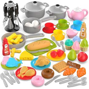 TECHNOK 83PCS Pretend Play Kitchen Toys Cookware with Play Food Toy Set - Play Dishes Cookware Set - Large Toy Pots and Pans for Kids Kitchen Pretend Dishes - Play Food Set - Cooking Utensils