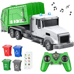2.4Ghz RC Garbage Truck with 4 Trash Cans, 6 Channel Remote Control, Waste Management Toy, 100pcs Garbage Sorting Cards, Boys 3+