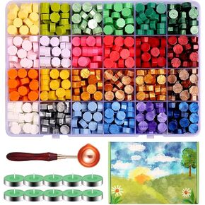 Comealltime 630Pcs Sealing Wax Beads, Colorful Seasons Theme Wax Seal Kit for Wax Seal Stamp with 1Pcs Wax Melting Spoon, 10Pcs Tea Light Candles and Gift Box, 24 Colors Wax Seal Beads