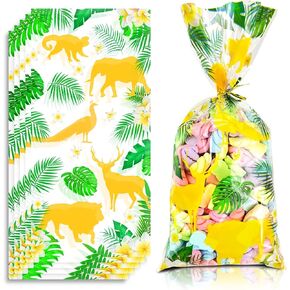100Pcs Hawaiian Cellophane Bag Jungle Animal Treat Bags Safari cello Bag Wild One Party Favor Bags Palm Leaves Plastic Candy Goodie Bags Summer Jungle Hawaii Theme Party Bags Safari Baby Shower Decorations