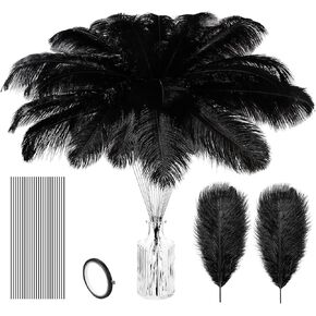 Yunlly 25 Pcs Natural Ostrich Feathers Set Include 12 Pcs 12-14 Inch Feather Centerpieces for Tables Bulk Plumes 12 Pcs Wires and Tape for Masquerade Party Wedding Arrangement Home Decoration (Black)
