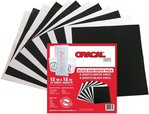 حزمة Oracal 651 باللونين الأسود والأبيض - مادة لاصقة من الفينيل للكريكات والصورة الظلية والنقش وقواطع الحرف اليدوية والطابعات والشارات - 12 بوصة × 12 بوصة - (24) ورقة - لمسة نهائية لامعة - خارجية ودائمة in Saudi Arabia