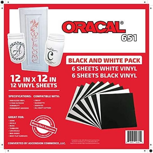 حزمة Oracal 651 باللونين الأسود والأبيض - مادة لاصقة من الفينيل للكريكات والصورة الظلية والنقش وقواطع الحرف اليدوية والطابعات والشارات - 12 بوصة × 12 بوصة - (24) ورقة - لمسة نهائية لامعة - خارجية ودائمة in Saudi Arabia