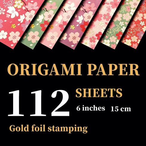 CUTBLAJAT 112 Sheets Heavier Origami Paper Japanese Cherry Blossom Pattern Sakura Bronzing Chiyogami 6" 15cm Washi Easy Fold Paper for Beginner in Saudi Arabia