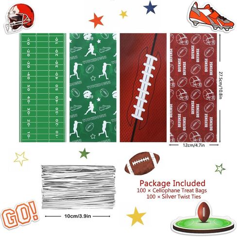 100 Pieces Soccer Goodie Bags, Green Goal Fun Football Treat Bags Party Favors Candy Cello Goody Bags with Gold Twist Ties, Football Birthday Party Supplies for Boys Kids Team Gift Snack Bags in Kuwait
