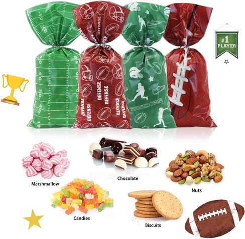 100 Pieces Soccer Goodie Bags, Green Goal Fun Football Treat Bags Party Favors Candy Cello Goody Bags with Gold Twist Ties, Football Birthday Party Supplies for Boys Kids Team Gift Snack Bags in Kuwait