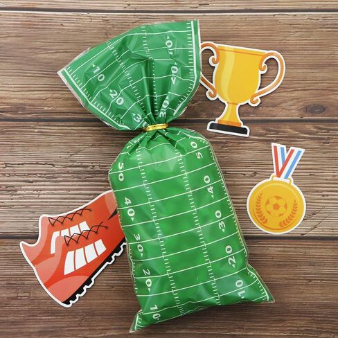 100 Pieces Soccer Goodie Bags, Green Goal Fun Football Treat Bags Party Favors Candy Cello Goody Bags with Gold Twist Ties, Football Birthday Party Supplies for Boys Kids Team Gift Snack Bags in Kuwait