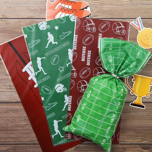 100 Pieces Soccer Goodie Bags, Green Goal Fun Football Treat Bags Party Favors Candy Cello Goody Bags with Gold Twist Ties, Football Birthday Party Supplies for Boys Kids Team Gift Snack Bags in Kuwait