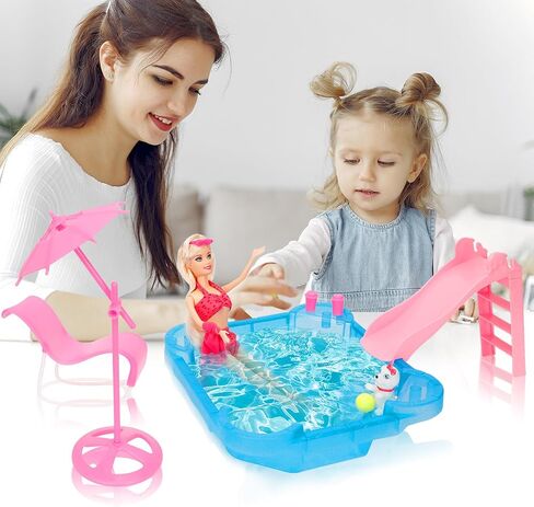 مجموعة ألعاب الدمية Yellow River Glam، مقاس 12 بوصة من بدلة حمام الشاطئ الصيفية، مع منزلق ومظلة وكرسي. هدية للفتيات بعمر 3 4 5 6 7 لعيد الميلاد (لا تتضمن الدمية) in Kuwait