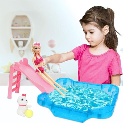 مجموعة ألعاب الدمية Yellow River Glam، مقاس 12 بوصة من بدلة حمام الشاطئ الصيفية، مع منزلق ومظلة وكرسي. هدية للفتيات بعمر 3 4 5 6 7 لعيد الميلاد (لا تتضمن الدمية) in Kuwait