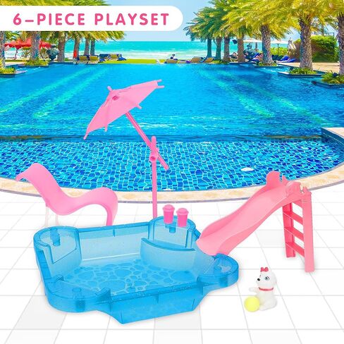 مجموعة ألعاب الدمية Yellow River Glam، مقاس 12 بوصة من بدلة حمام الشاطئ الصيفية، مع منزلق ومظلة وكرسي. هدية للفتيات بعمر 3 4 5 6 7 لعيد الميلاد (لا تتضمن الدمية) in Kuwait