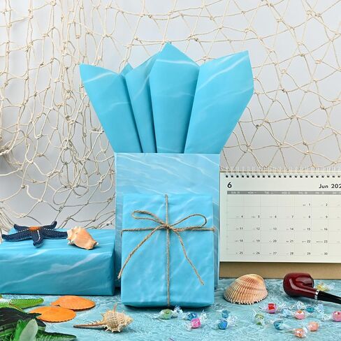 100 Sheets 20 * 14 Inches Ocean Blue Tissue Paper for Gift Bags, Sea Waves Pattern Gift Wrap Tissue for Birthday Baby Shower Under The Sea Party Blue Pool Party Ocean Theme Party DIY Craft in Saudi Arabia