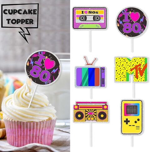 18pcs Purple Glitter Dessert Cupcake Topper Retro Throwback Girly 80’s Decade Theme Decor Supplies Happy Birthday Party Decorations in Saudi Arabia
