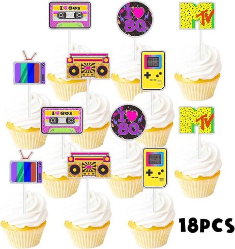 18pcs Purple Glitter Dessert Cupcake Topper Retro Throwback Girly 80’s Decade Theme Decor Supplies Happy Birthday Party Decorations in Saudi Arabia