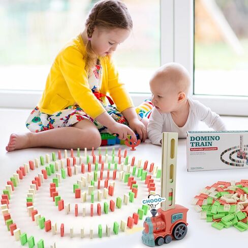 Domino Train Set Toy, Kids Automatic Domino Train Toy with Lights and Sound, Auto Building and Stacking Toy Blocks Set, 200 PCS Domino Blocks Set Toy, Christmas Birthday Gifts for Age 3-7 Boys Girls in Kuwait