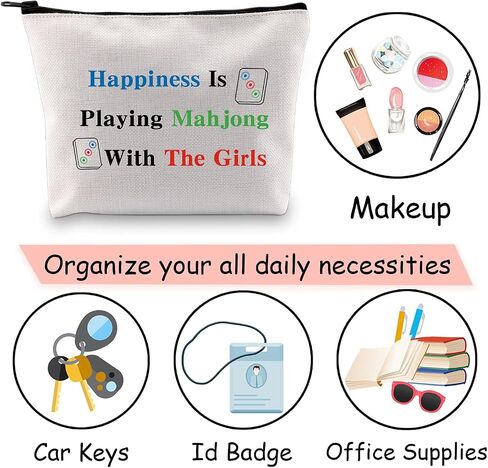 JXGZSO Mahjong Makeup Bag Happiness Is Playing Mahjong With The Girl Board Game Bag For Lucky Mahjong Player Mahjong Lover in Kuwait