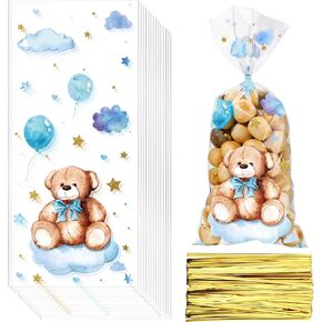 Maitys 100 Pieces Bear Baby Shower Treats Cellophane Bags Plastic Goodie Candy Bags with 100 Gold Twist Ties Gift Bags for Gender Reveal Birthday Party Favors (Blue,Sweet Style)