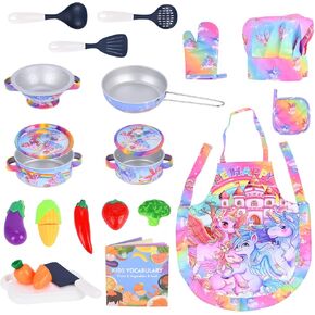 FUQUN 20 قطعة ألعاب المطبخ للأطفال الصغار 3-6 مع موضوع يونيكورن، لعب ملحقات المطبخ مع المقالي والأواني، مجموعة ألعاب طبخ صغيرة من الفولاذ المقاوم للصدأ للأطفال الصغار، لعبة طعام للأطفال مجموعة مطبخ in Kuwait