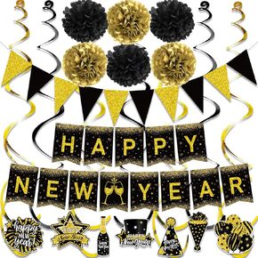 زينة حفلات رأس السنة السعيدة، لافتة رأس السنة الجديدة السعيدة، ورق ذهبي أسود بوم بوم من رقائق الذهب، لافتة على شكل مثلث، لوازم حفلات رأس السنة الجديدة السعيدة in Kuwait