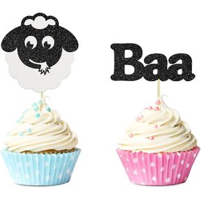 24 قطعة من أغطية الكب كيك على شكل خروف أسود لامع لحفلات استقبال المولود، ديكور كعكة عيد ميلاد سعيد، تصميم حيوانات، مستلزمات تزيين حفلات عيد ميلاد الأطفال in Kuwait