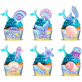 Mermaid Cupcake Toppers and Wrappers, 24pc Under The Sea Theme Decoration, Baby Shower Birthday Party Favor