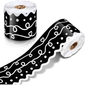 69 ft Scalloped Black Classroom Borders Squiggles and Dots Bulletin Board Borders Black White Swirl Dots Paper Rolled Teachers Die Cut Trimmer Border for Bulletin Board Classroom Chalkboard Wall Decor