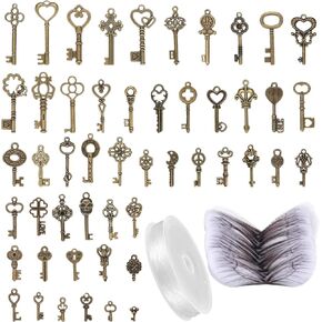 مجموعة دلايات مفاتيح بتصميم هيكل عظمي عتيق مكونة من 101 قطعة (50 × مفاتيح زينة و50 × اجنحة يعسوب، 1 × سلك مطرز بطول 30 متر) للحرف اليدوية والسلاسل والمجوهرات in Kuwait