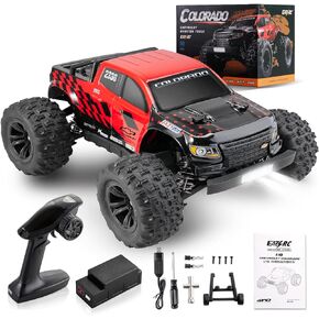 FAIRRC EAZYRC شاحنات RC السريعة للبالغين 1/18 شاحنات شيفروليه كولورادو للطرق الوعرة RC، 4X4 RTR شاحنات RC بدون فرش، سرعة 45+ كم/ساعة، شاحنات وحش RC الكهربائية من هوبي، صدمات مملوءة بالزيت، شاحنات RC باللون الأسود