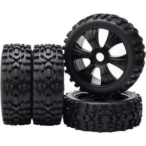 Black 1:8 RC Tyre All Terrain Tires & Plastic Wheel Rim for Off-Road Buggy Replacement Pack of 4