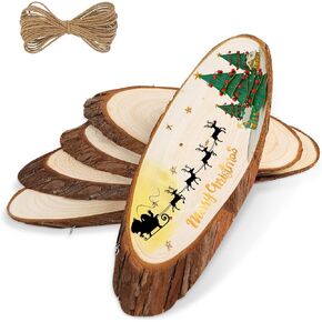 FEZZIA Natural Wood Slices, 5PCS Unfinished Oval Shaped Wooden Slices with Rope for Halloween Decoration, Street Sign, Billboard Decorations, DIY Crafts, Christmas Wedding Ornaments, 13.8-15.7 inches in Kuwait
