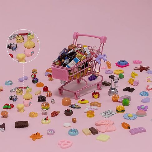 Mini Shopping Cart, Mixed Pretend Play Food with Mini Grocery Food Drinks Toys, Playfood Box Tiny Bottles Dessert Educational Toy for Dollhouse Kitchen in Saudi Arabia