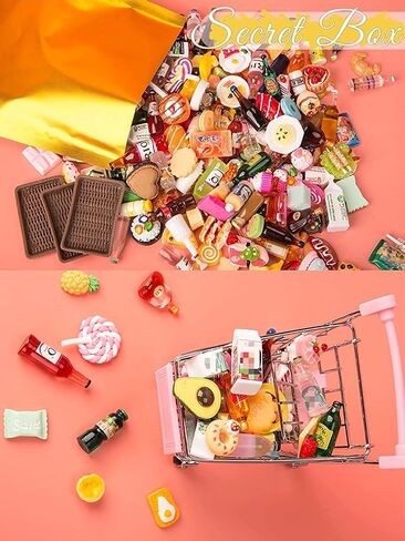 Mini Shopping Cart, Mixed Pretend Play Food with Mini Grocery Food Drinks Toys, Playfood Box Tiny Bottles Dessert Educational Toy for Dollhouse Kitchen in Saudi Arabia