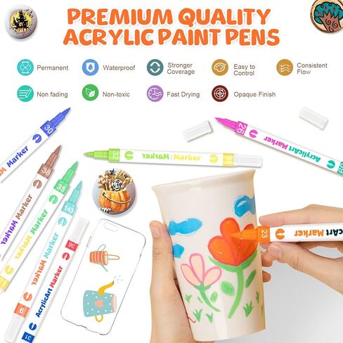 أقلام طلاء أكريليك، 48 لونًا من أقلام طلاء الأكريليك للقماش والرسم الصخري والزجاج والمعادن وأقلام الأكريليك ذات النقاط الدقيقة لوازم فنية للسيراميك والخشب والحجر in Kuwait