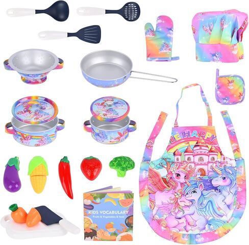FUQUN 20 قطعة ألعاب المطبخ للأطفال الصغار 3-6 مع موضوع يونيكورن، لعب ملحقات المطبخ مع المقالي والأواني، مجموعة ألعاب طبخ صغيرة من الفولاذ المقاوم للصدأ للأطفال الصغار، لعبة طعام للأطفال مجموعة مطبخ in Kuwait
