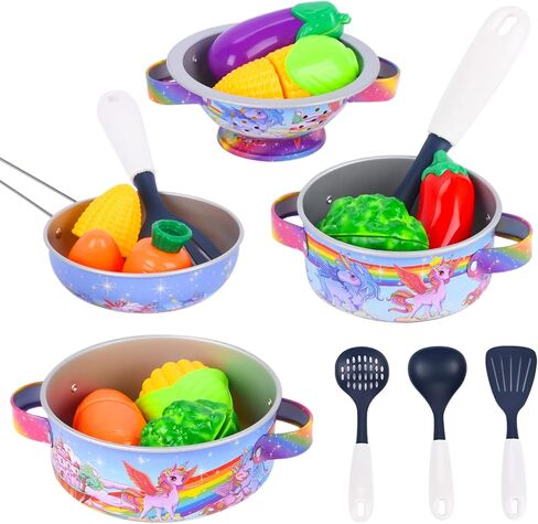 FUQUN 20 قطعة ألعاب المطبخ للأطفال الصغار 3-6 مع موضوع يونيكورن، لعب ملحقات المطبخ مع المقالي والأواني، مجموعة ألعاب طبخ صغيرة من الفولاذ المقاوم للصدأ للأطفال الصغار، لعبة طعام للأطفال مجموعة مطبخ in Kuwait