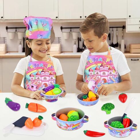 FUQUN 20 قطعة ألعاب المطبخ للأطفال الصغار 3-6 مع موضوع يونيكورن، لعب ملحقات المطبخ مع المقالي والأواني، مجموعة ألعاب طبخ صغيرة من الفولاذ المقاوم للصدأ للأطفال الصغار، لعبة طعام للأطفال مجموعة مطبخ in Kuwait
