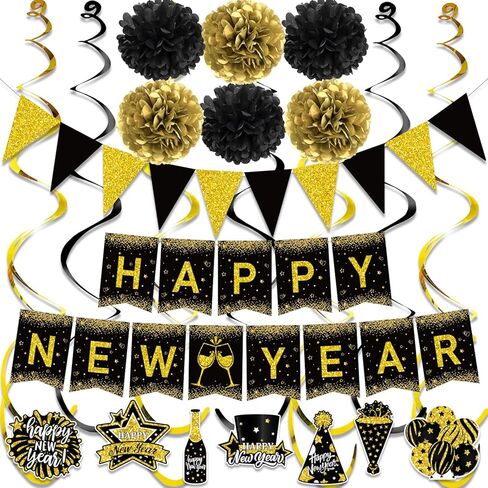 زينة حفلات رأس السنة السعيدة، لافتة رأس السنة الجديدة السعيدة، ورق ذهبي أسود بوم بوم من رقائق الذهب، لافتة على شكل مثلث، لوازم حفلات رأس السنة الجديدة السعيدة in Kuwait